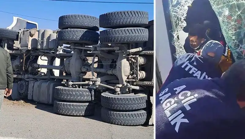 Virajı Alamayan Kamyonun Yan Yattığı Kaza Trafiği Kilitledi